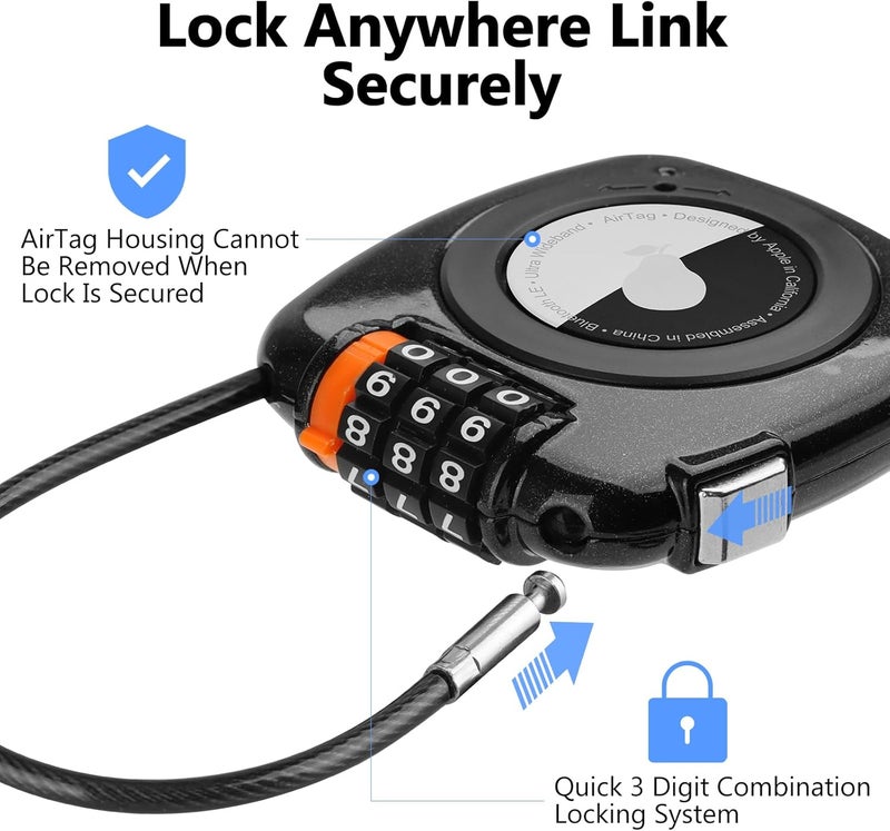 TUXON Compatible with Apple AirTag Secure Lock with Wire Cable, 3-Digit Combination Luggage Locks, Alloy Body Ultra Durable Anti-Lost Protective Case for Luggage, Suitcase (Black/White) - Image 2